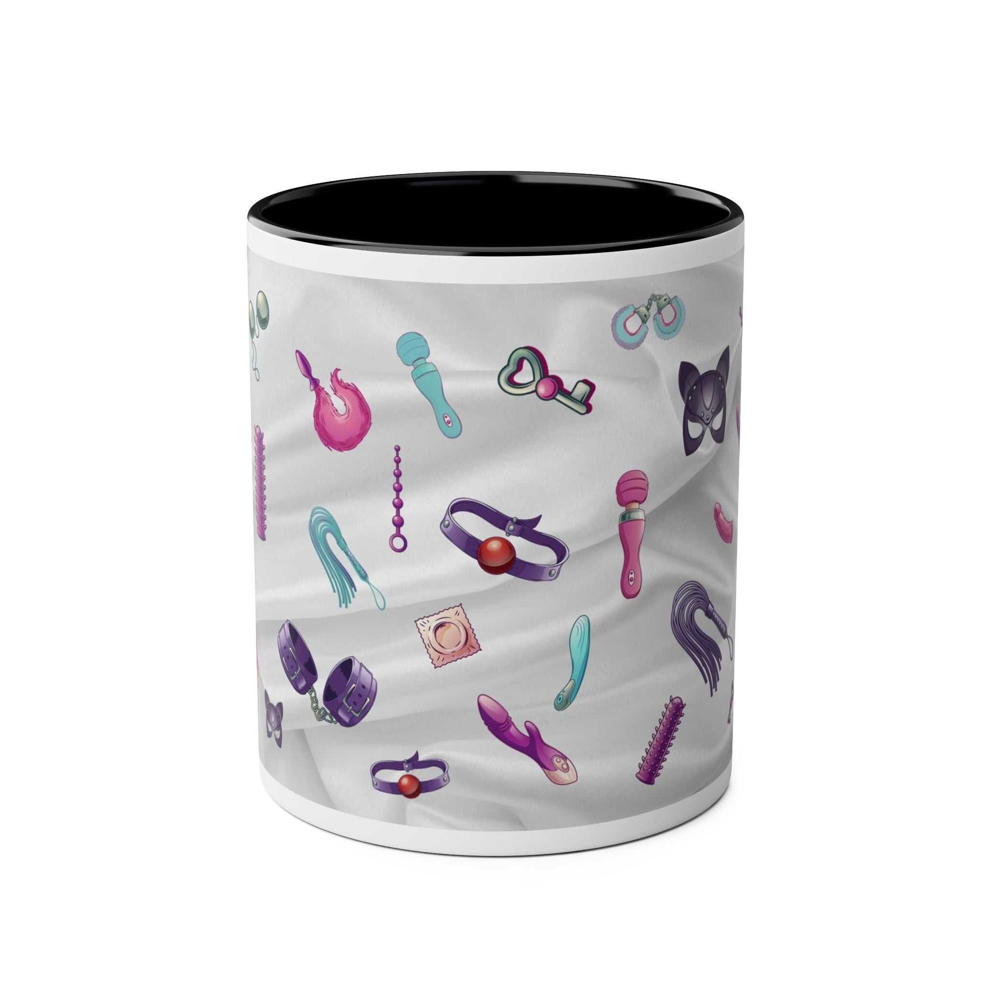 Playful Fun Sex Toy Coffee Mug with cheeky design, 11oz ceramic, 7 colors, glossy finish, microwave and dishwasher safe.