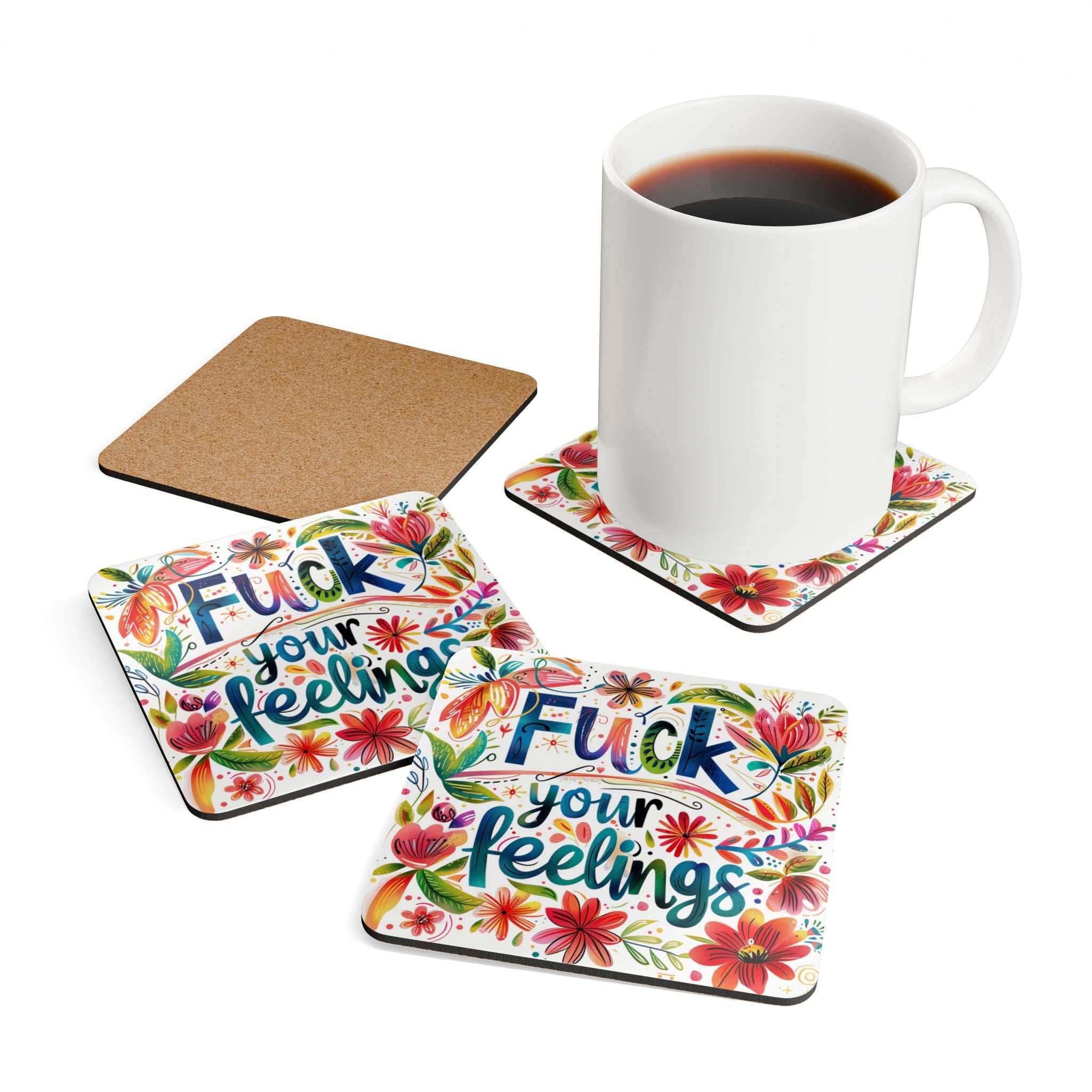 Feelings Coaster Set with Floral Design and Mug on Table