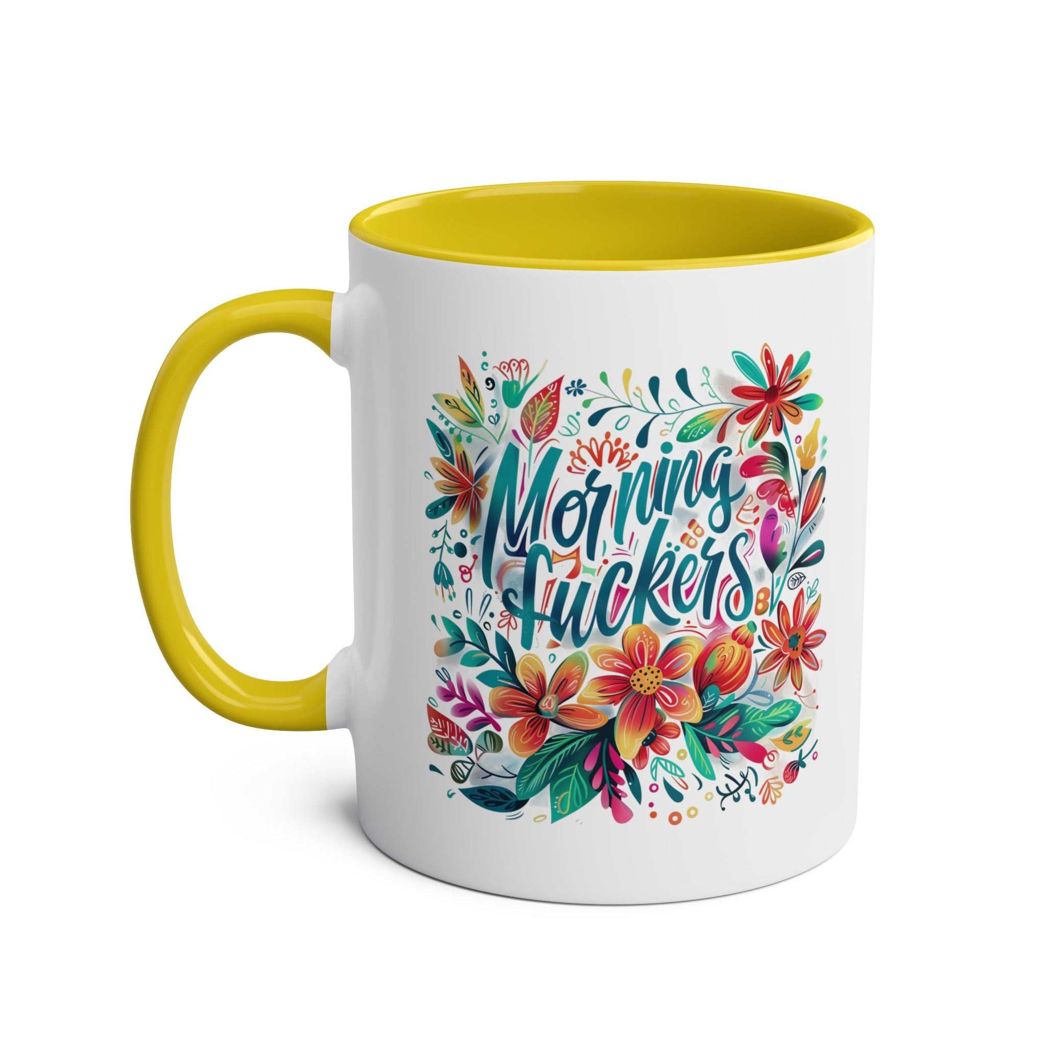 Cheeky "Morning Fuckers" coffee mug with colorful floral design, 11oz ceramic, yellow interior handle, microwave and dishwasher safe.