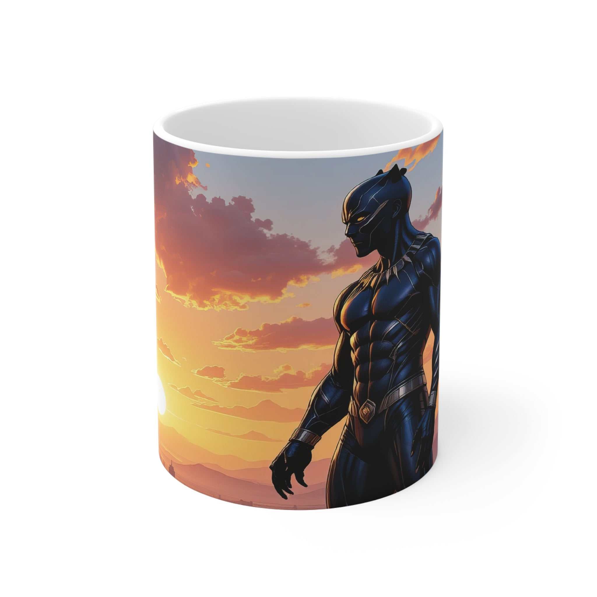 Black Panther Sunset Mug featuring a vibrant superhero design against a colorful sunset background on a glossy ceramic mug.
