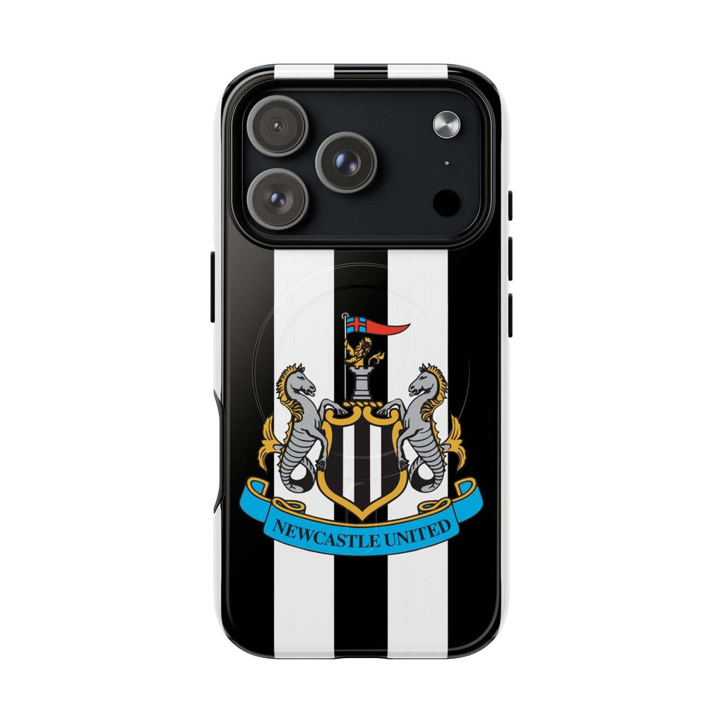 Newcastle United MagSafe iPhone case with black and white stripes and club crest, durable dual-layer protection and wireless charging compatible