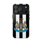 Newcastle United MagSafe iPhone case with black and white stripes and club crest, durable dual-layer protection and wireless charging compatible
