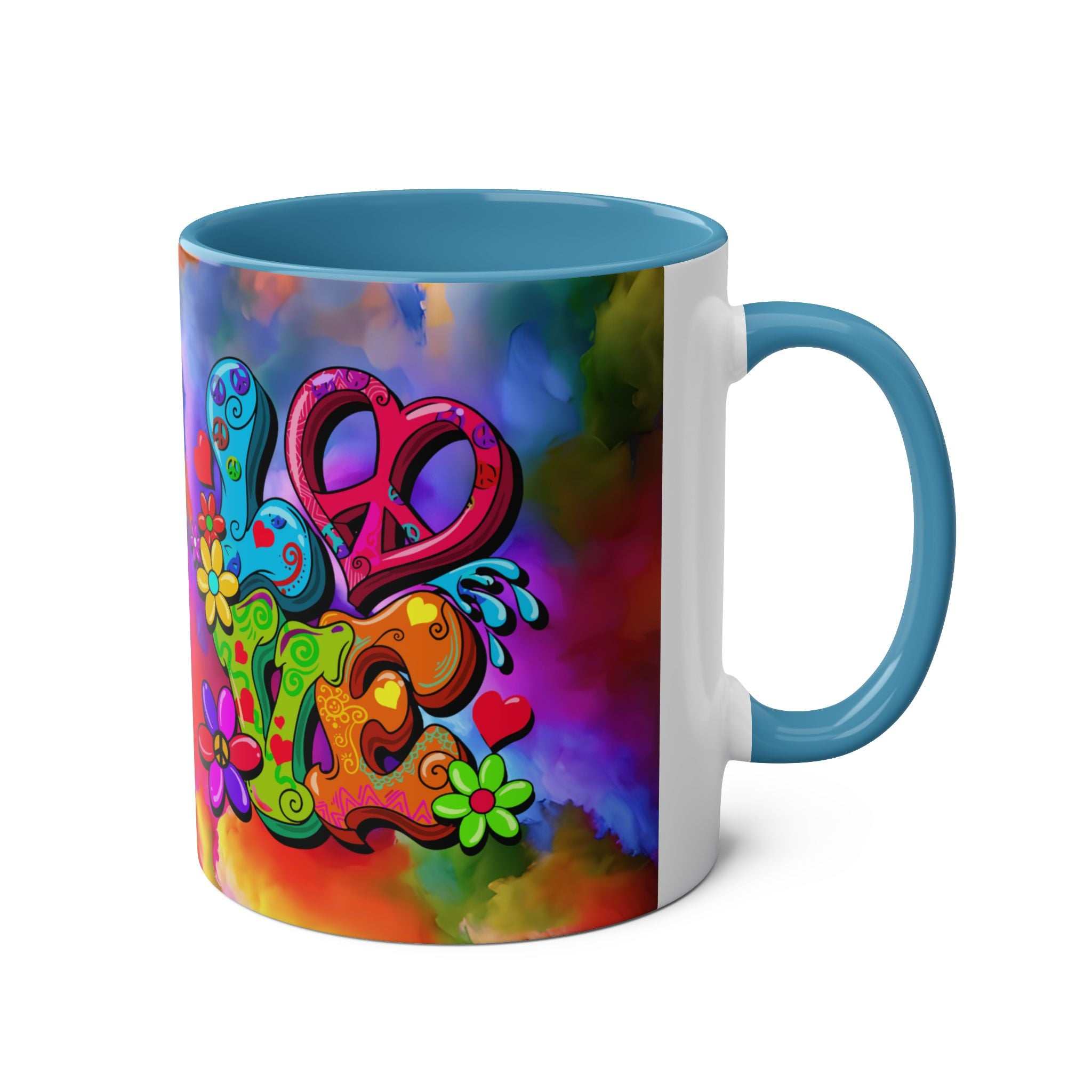 LGBTQ+ Pride Mug with vibrant rainbow design, ceramic, 11oz, glossy finish.