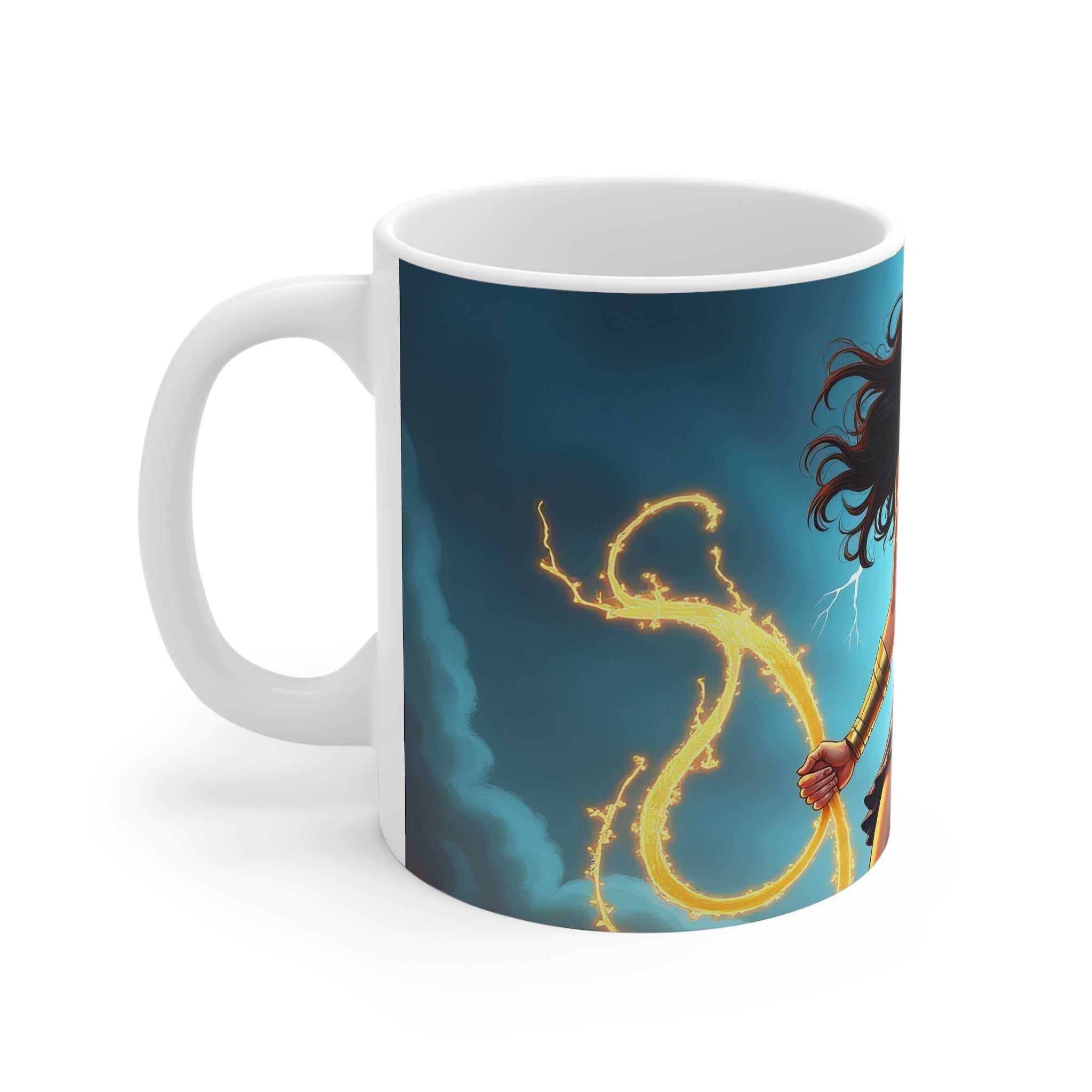 White ceramic coffee mug with a colorful Wonder Woman-inspired design and glowing golden lasso.