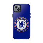 Chelsea FC MagSafe iPhone case with royal blue color and club crest, dual layer protection, and wireless charging compatible.