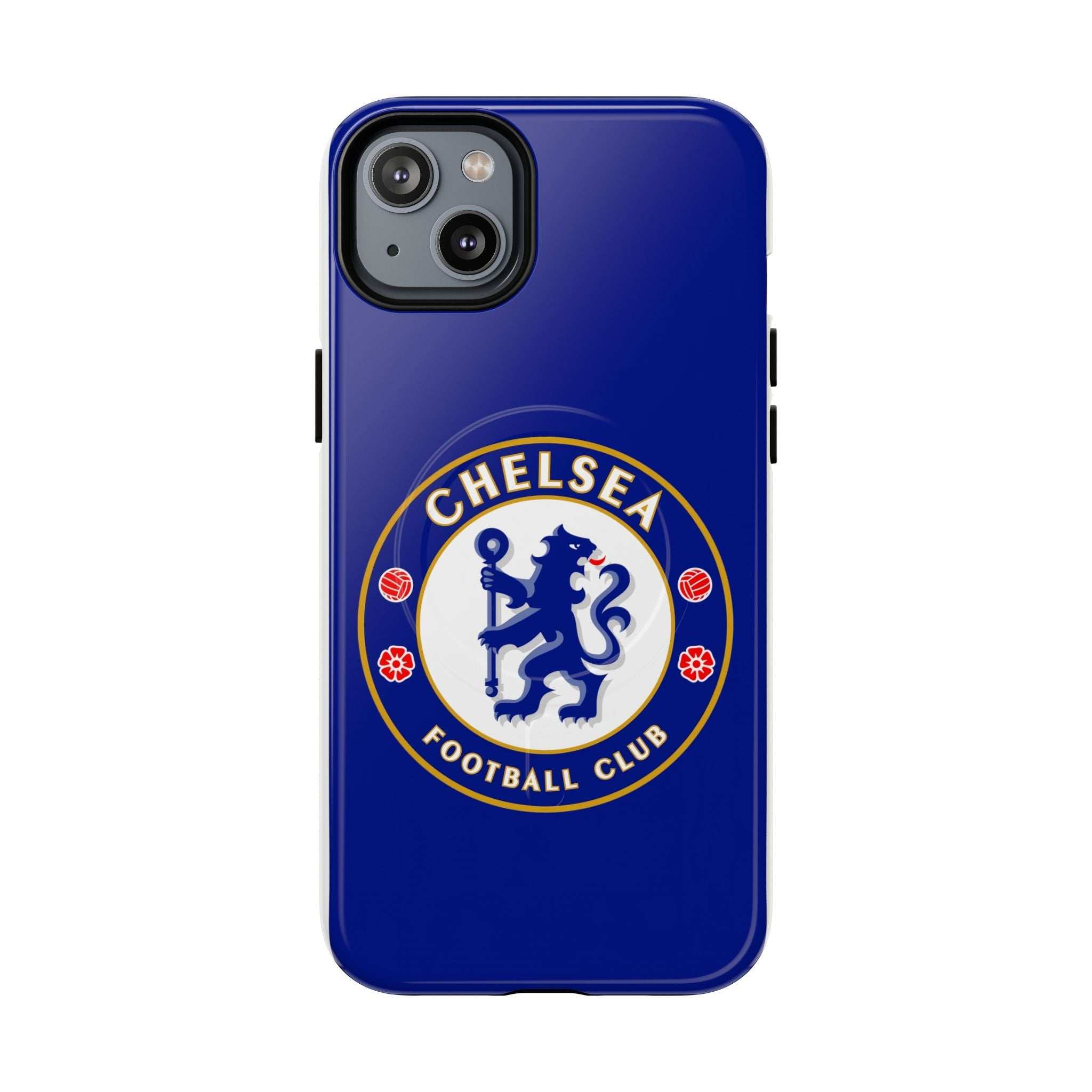 Chelsea FC MagSafe iPhone case with royal blue color and club crest, dual layer protection, and wireless charging compatible.