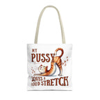 Fun stretching cat tote bag with cheeky design and colorful handles