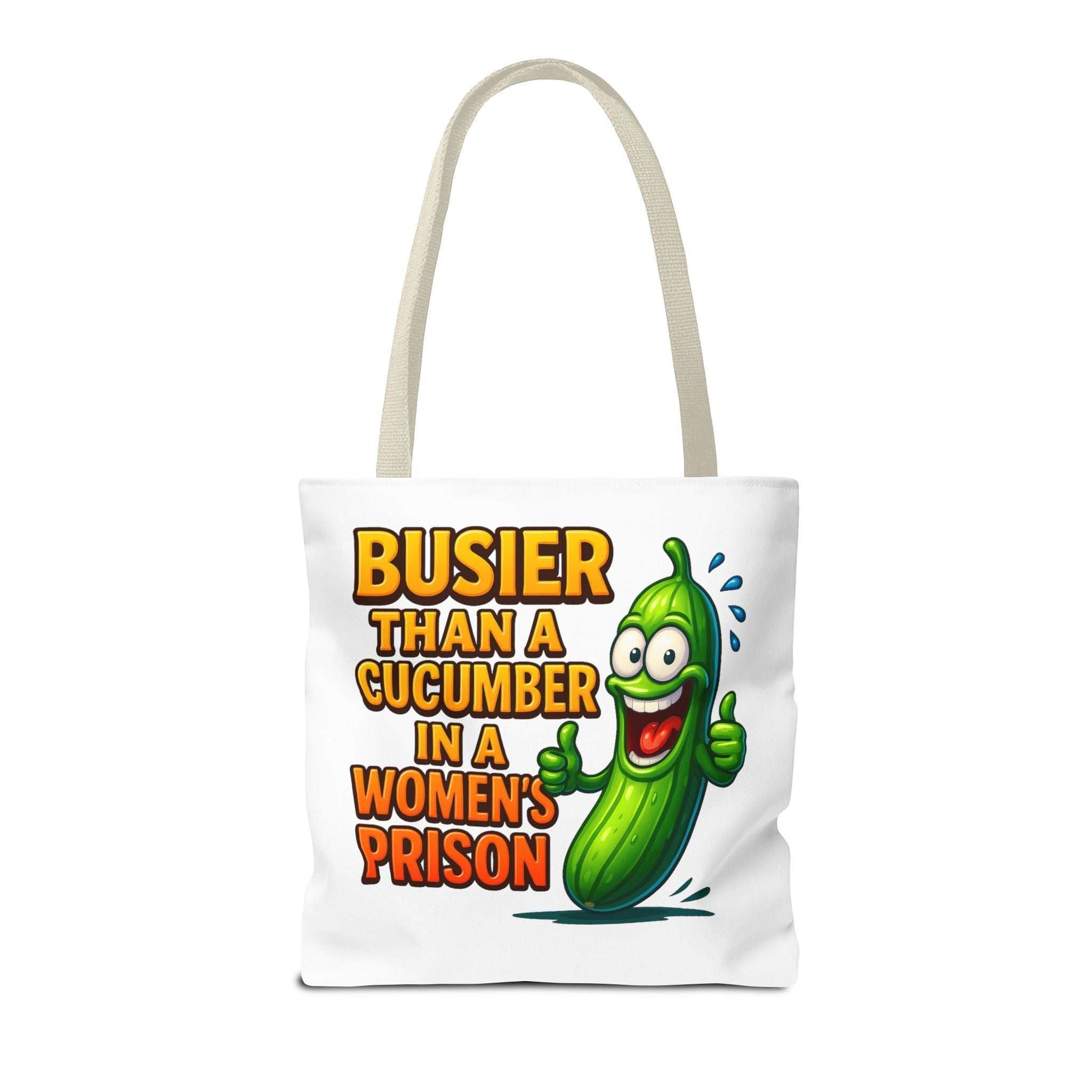 Cheeky Busier Than a Cucumber Tote Bag with durable spun polyester and multiple handle color options