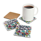 Colorful cheeky coaster set with a bold text and floral design, featuring a high-gloss MDF top and cork back, ideal for adding fun to any gathering.