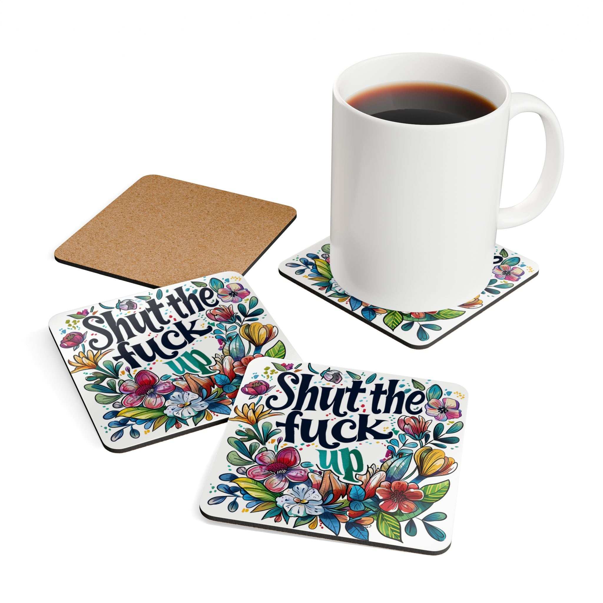 Colorful cheeky coaster set with a bold text and floral design, featuring a high-gloss MDF top and cork back, ideal for adding fun to any gathering.