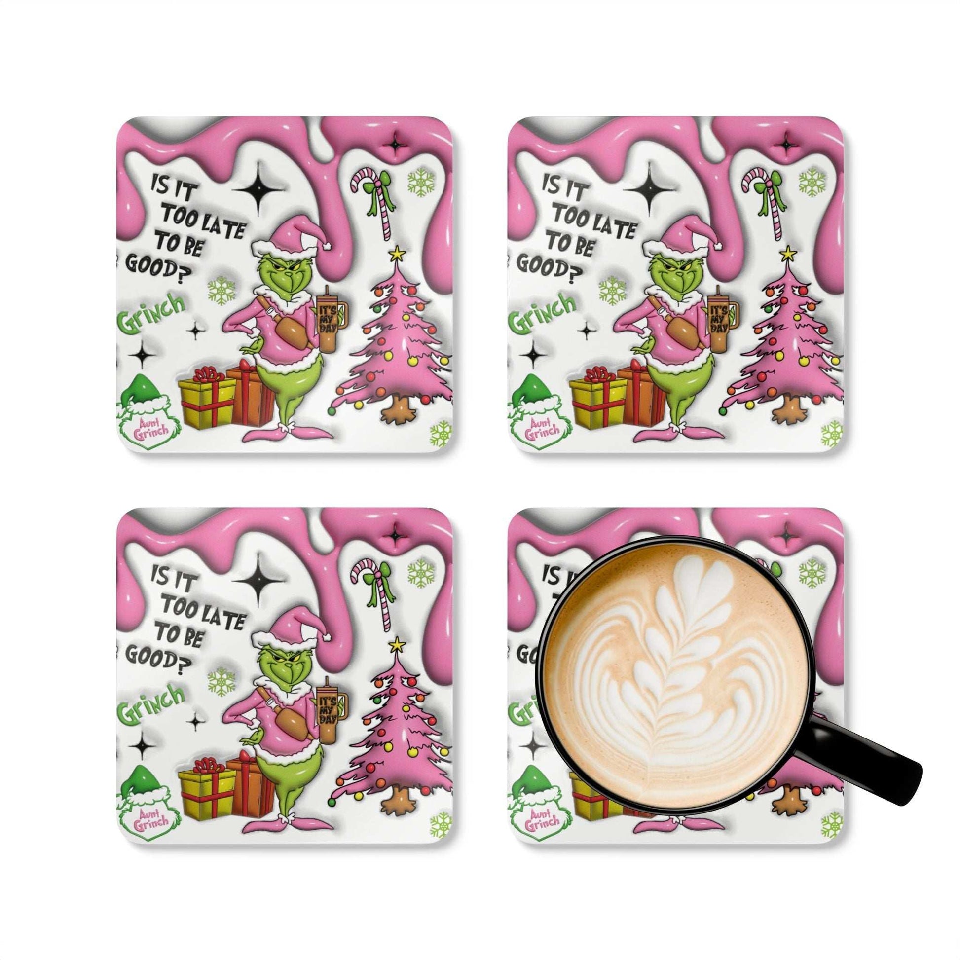 Grinch Christmas coaster set with festive design and cork backing.