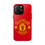 Manchester United MagSafe iPhone case with red and yellow club crest, dual-layer protection, and MagSafe compatibility
