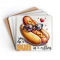 Bun In A Million Coaster Set with playful bunny design, high-gloss top, cork back, and non-slip surface