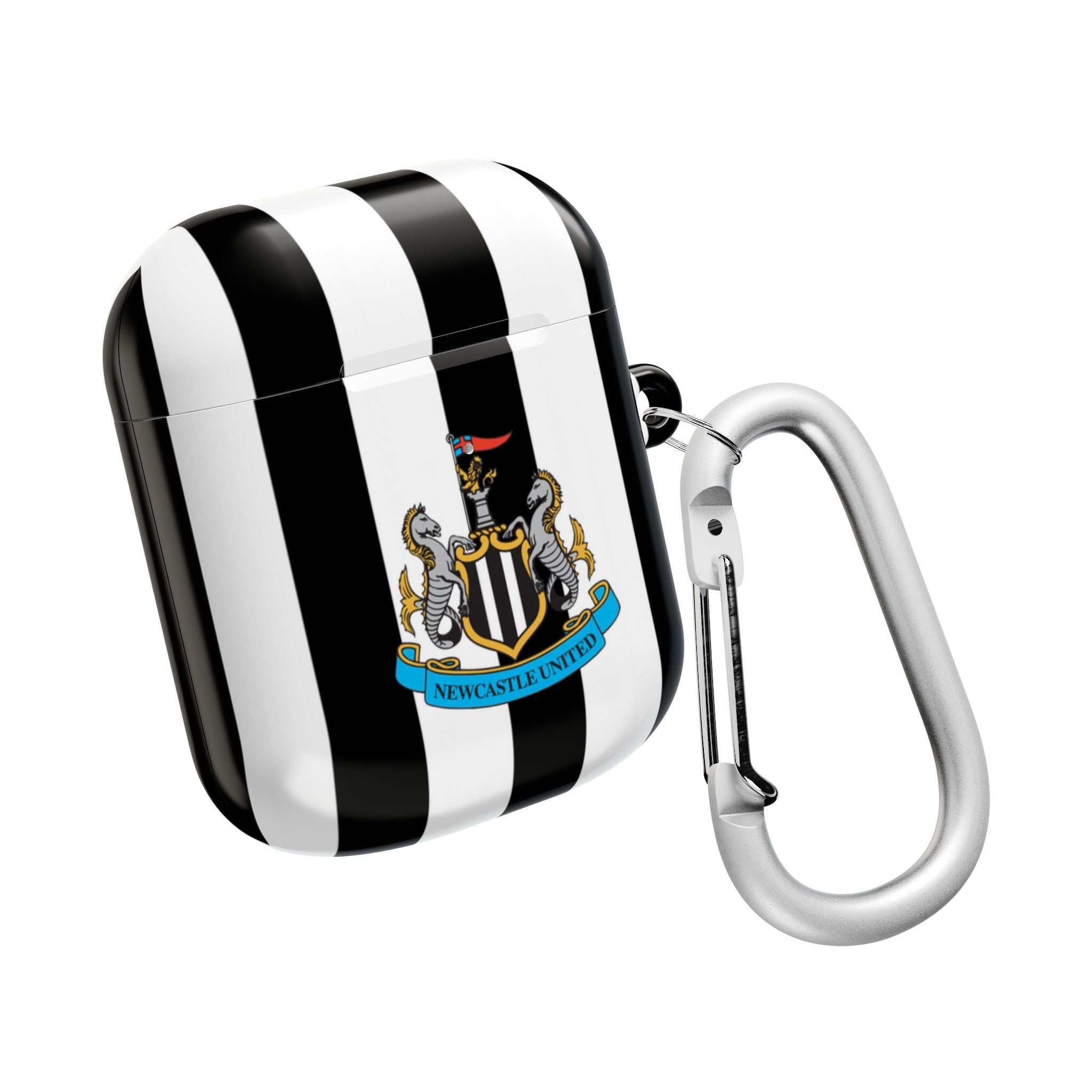 Newcastle Utd FC black and white striped AirPods protective case with club crest and carabiner clip