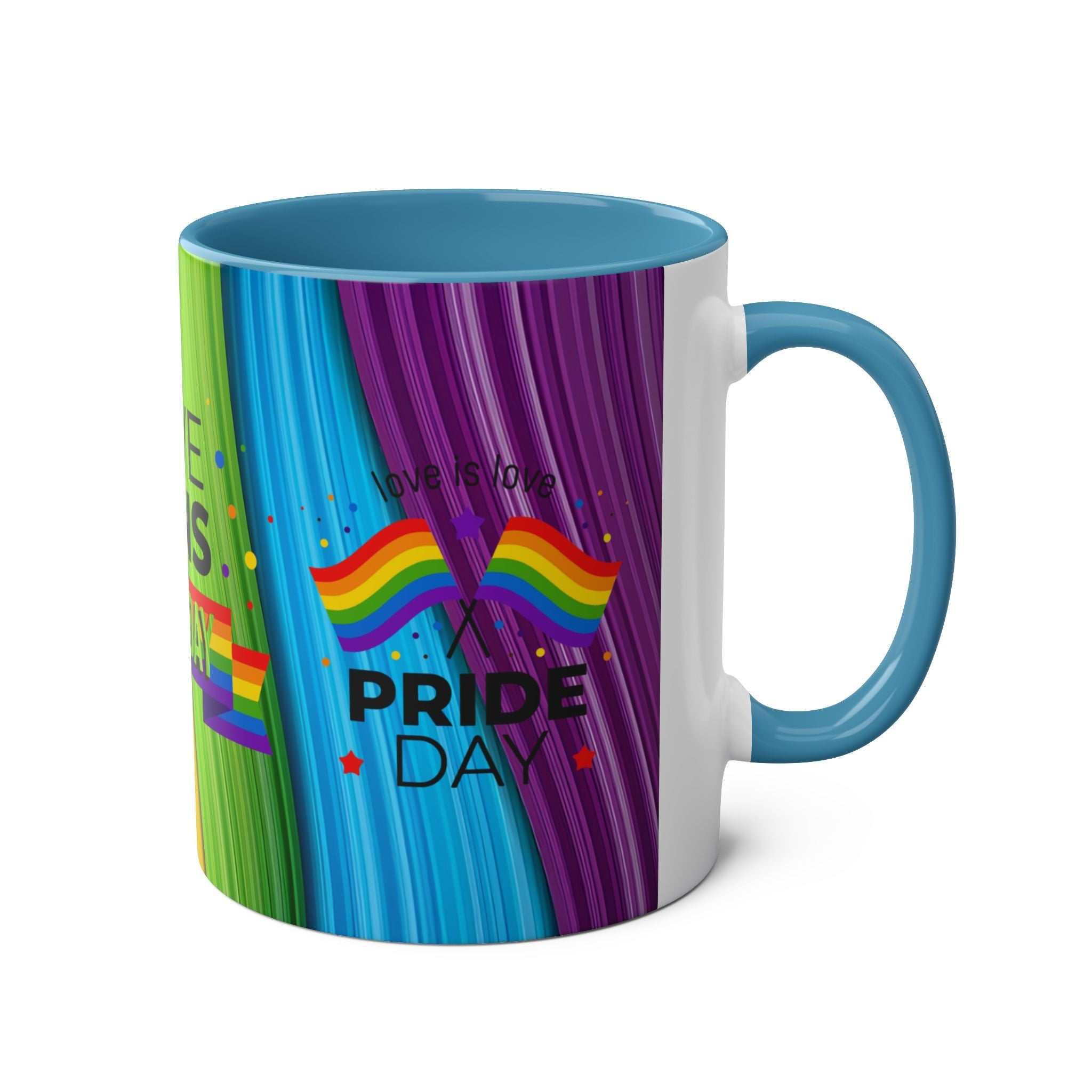 LGBTQ+ Pride mug with vibrant rainbow design and glossy finish.