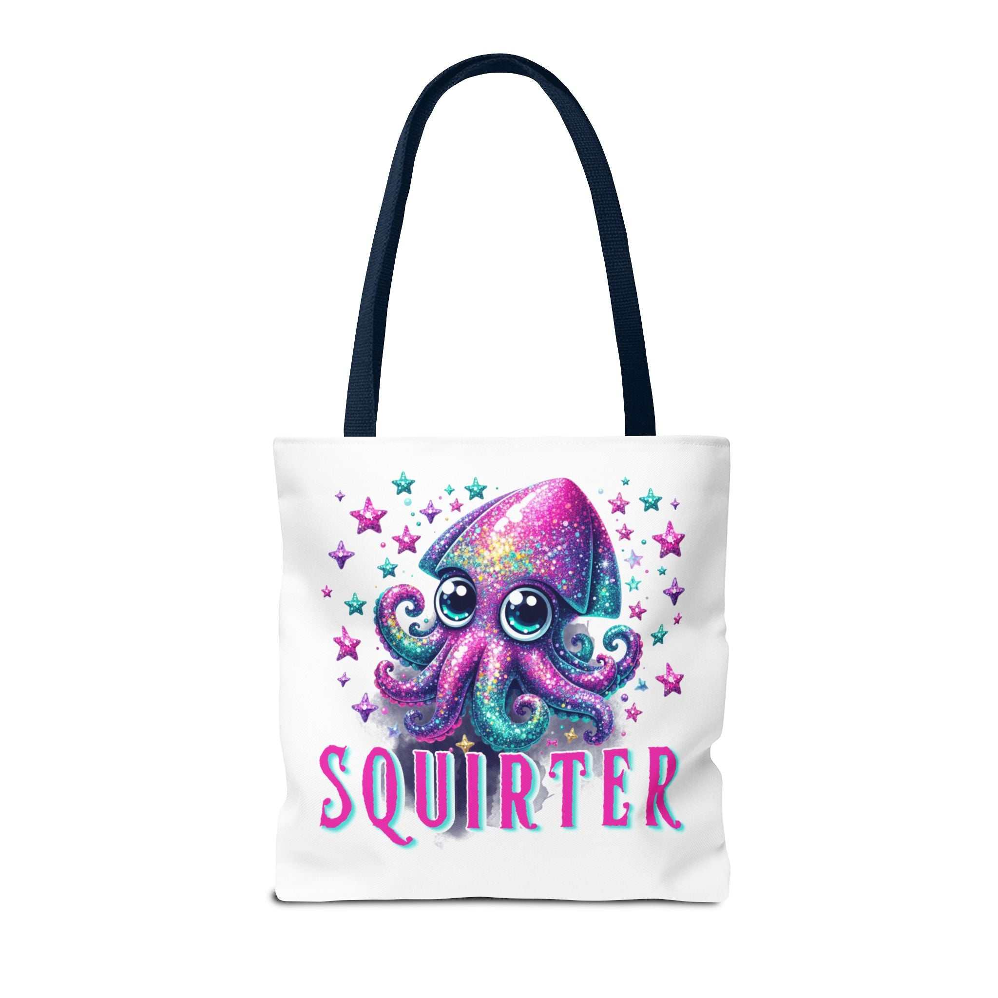 Squirter Squid Tote Bag with cheeky squid design, durable spun polyester, cotton straps, and multiple sizes and handle colors