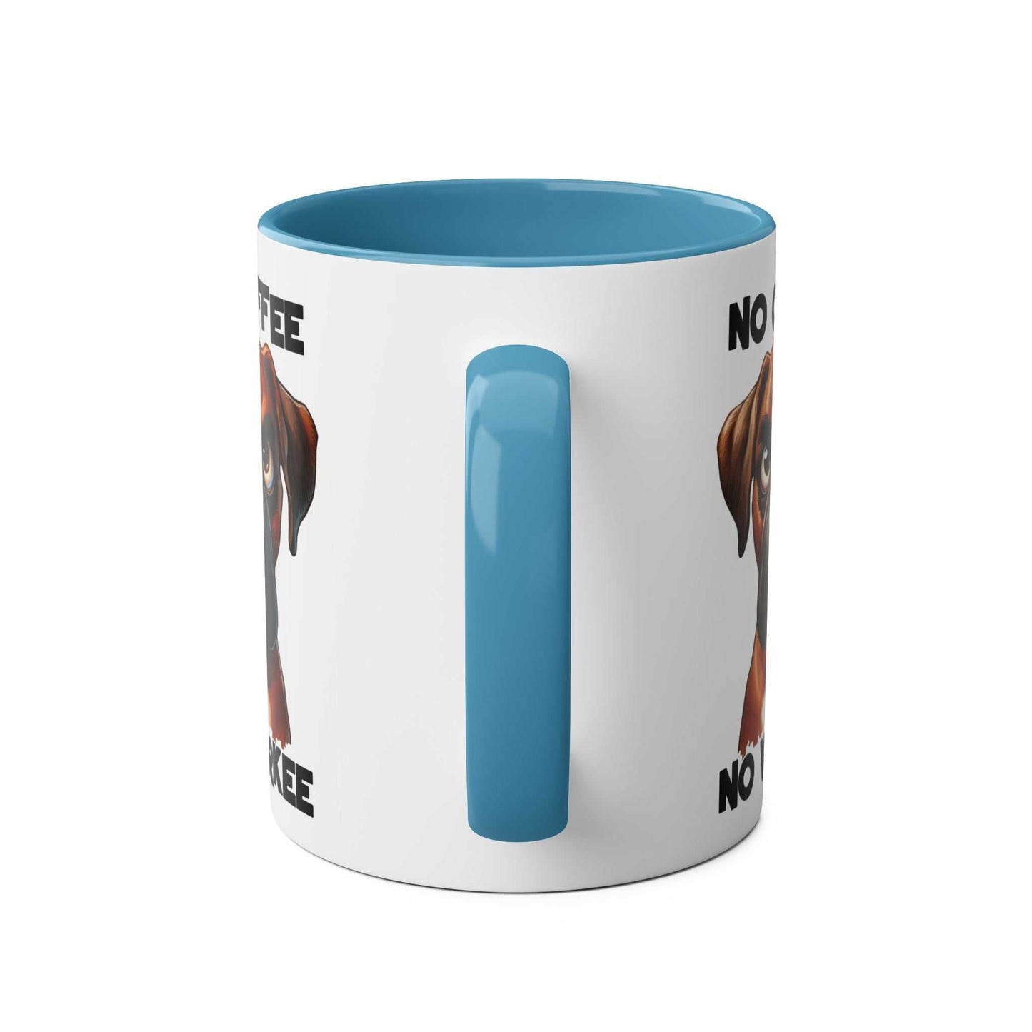 No Coffee No Workee Mug with sarky dog design, blue handle, ceramic, glossy finish.