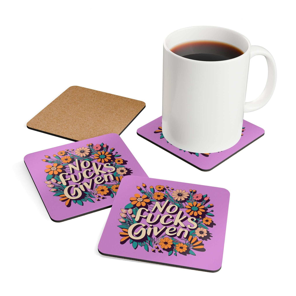 No Fucks Given coaster set with mug, cheeky and playful design, cork back, purple floral theme.