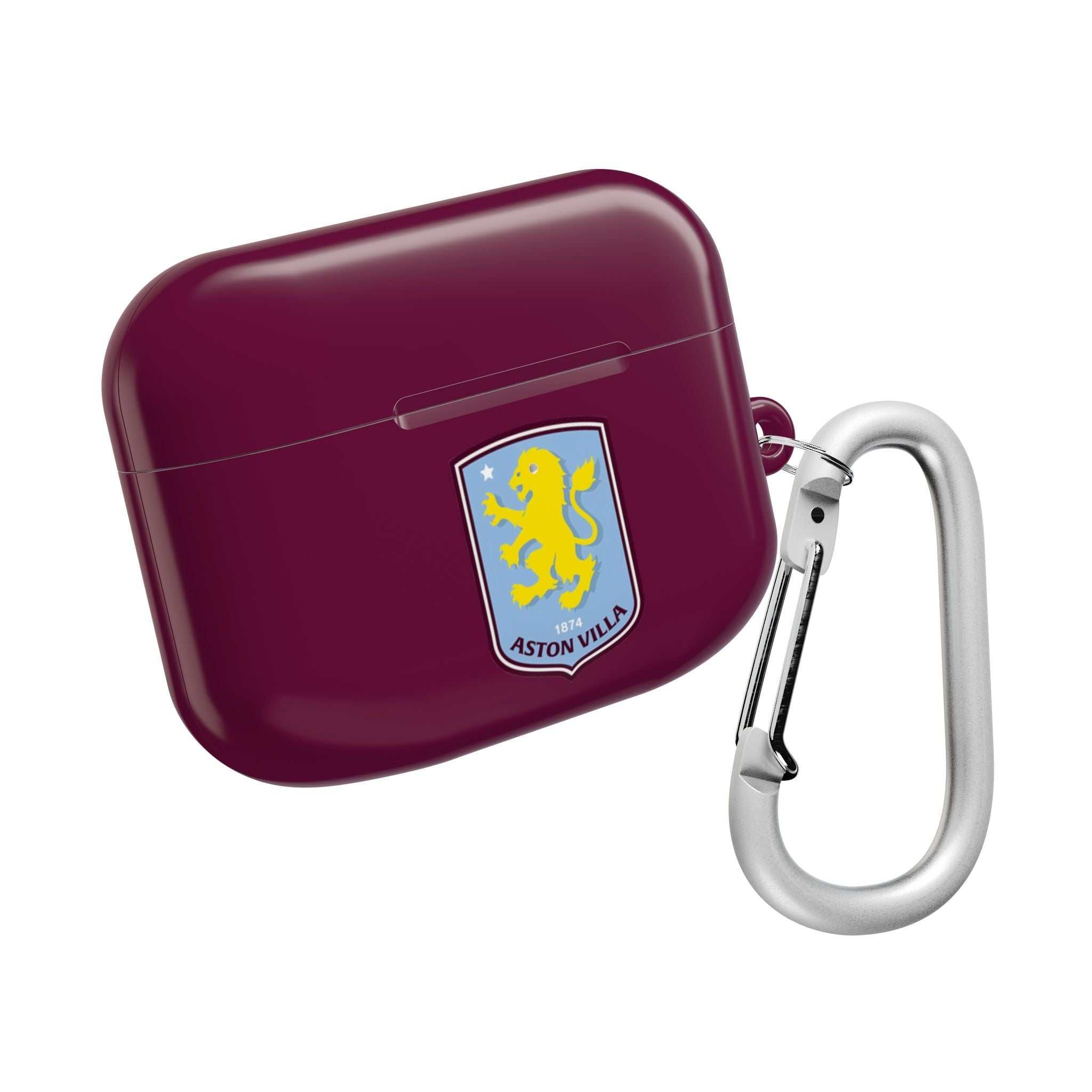 Aston Villa FC AirPods protective hard case in claret with club crest and silver carabiner clip