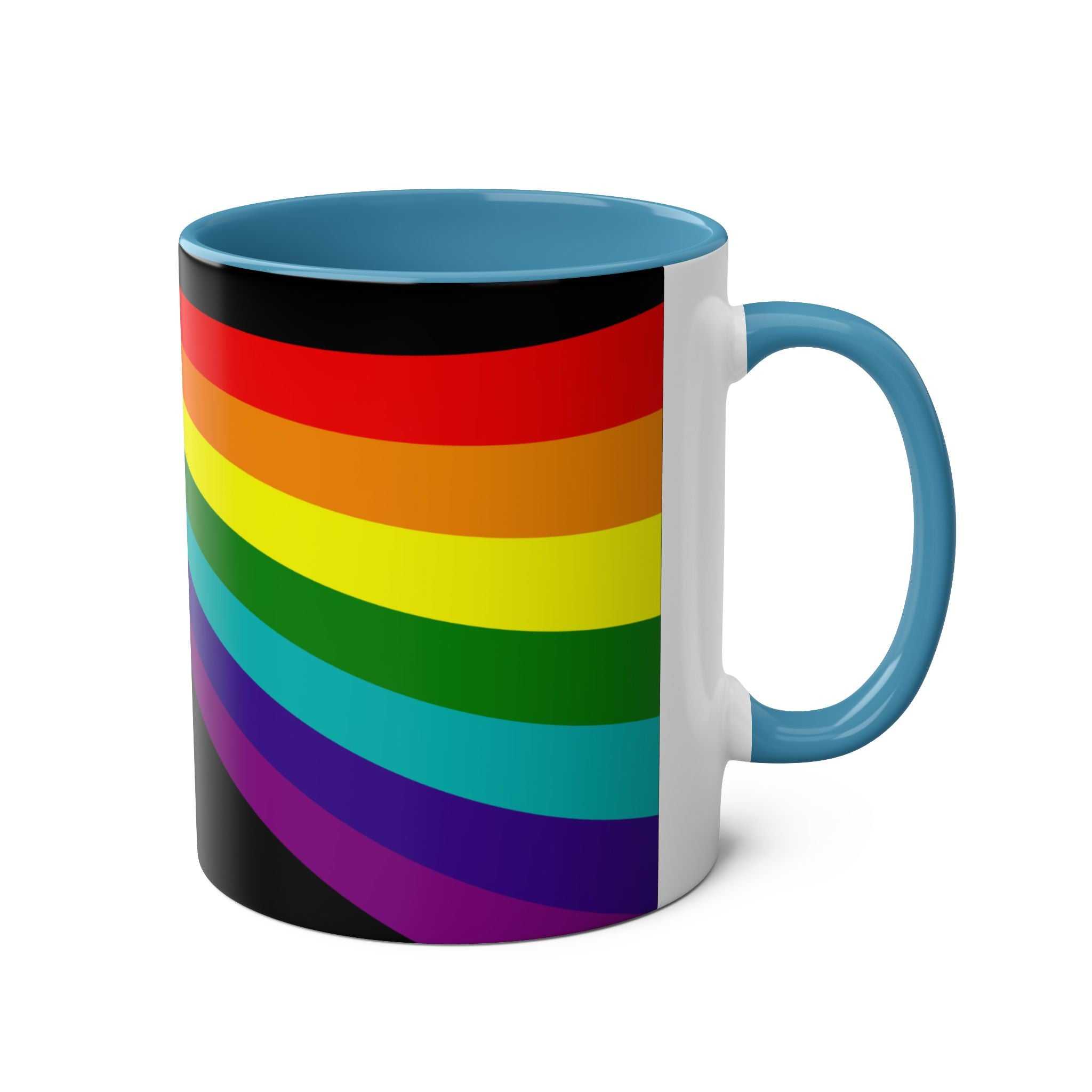LGBTQ+ Pride Mug with rainbow design, ceramic glossy finish, 11oz, microwave and dishwasher safe.
