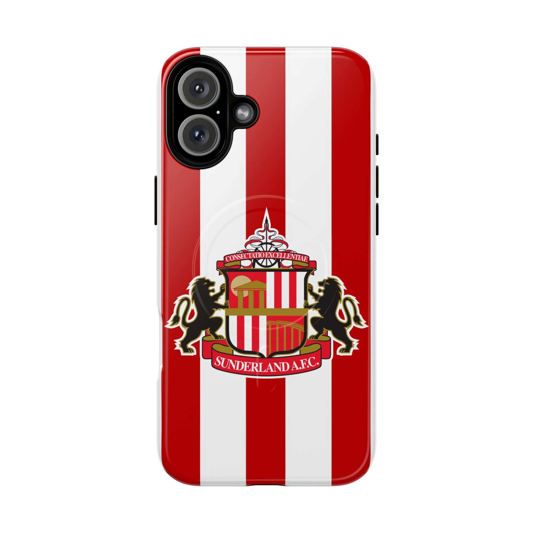 Sunderland FC MagSafe iPhone case with red and white stripes and club crest, durable dual-layer protection.