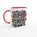 Fresh Outta Fucks Fun Mug with vibrant design and red handle, 11oz ceramic, perfect for coffee or tea.