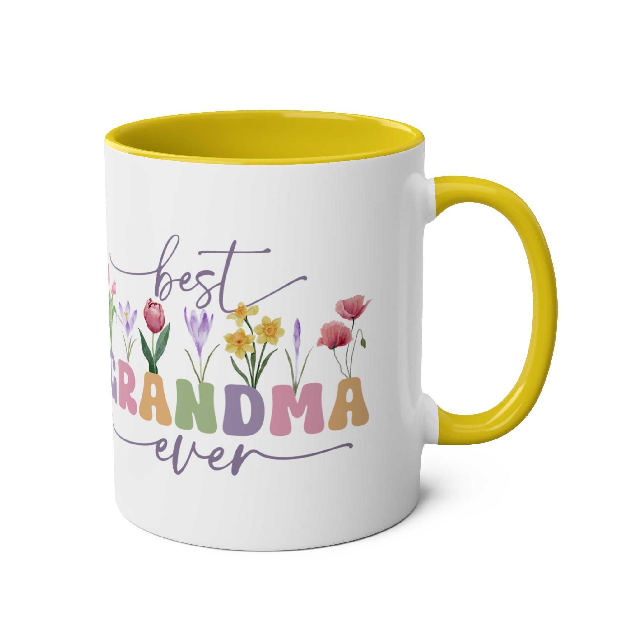 Best Grandma Ever Mothers Day Gift Mug with floral design and yellow interior.