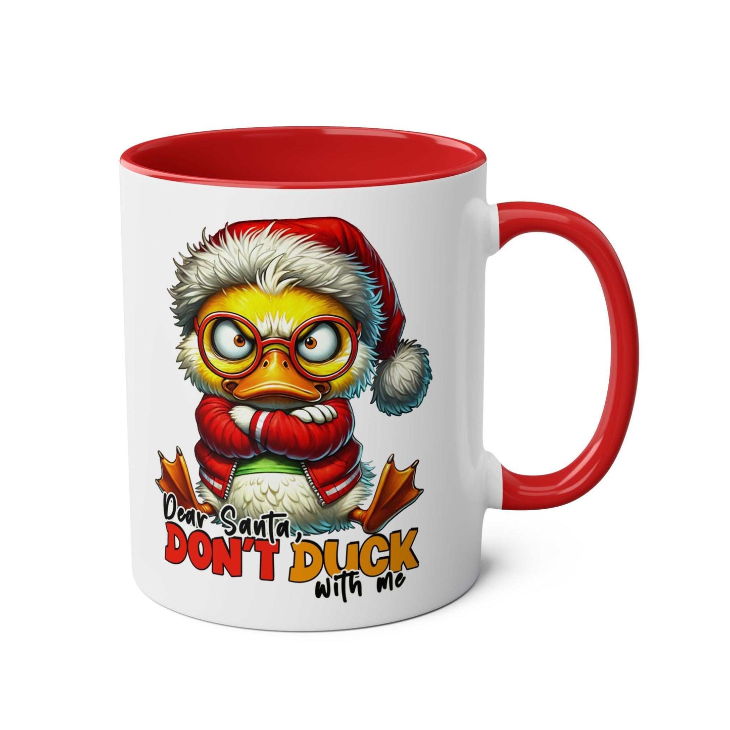 Sarky Christmas Mug with sassy duck design, available in 7 colors, glossy 11oz ceramic, microwave and dishwasher safe.