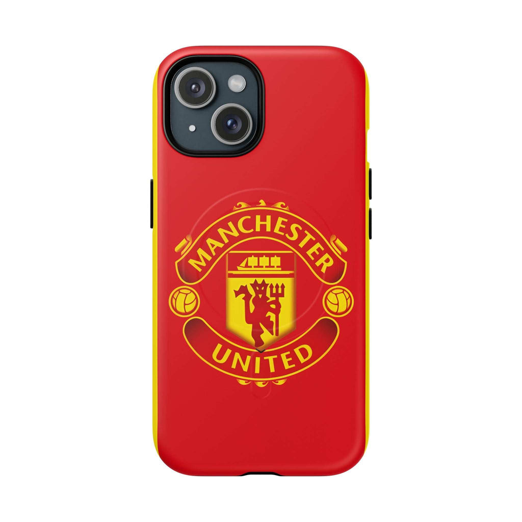 Red Manchester United MagSafe iPhone case with official-inspired crest and dual-layer protection