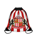 Sunderland Fc drawstring bag in red and white stripes with club crest, lightweight polyester, spacious and durable for gym, school, and travel.