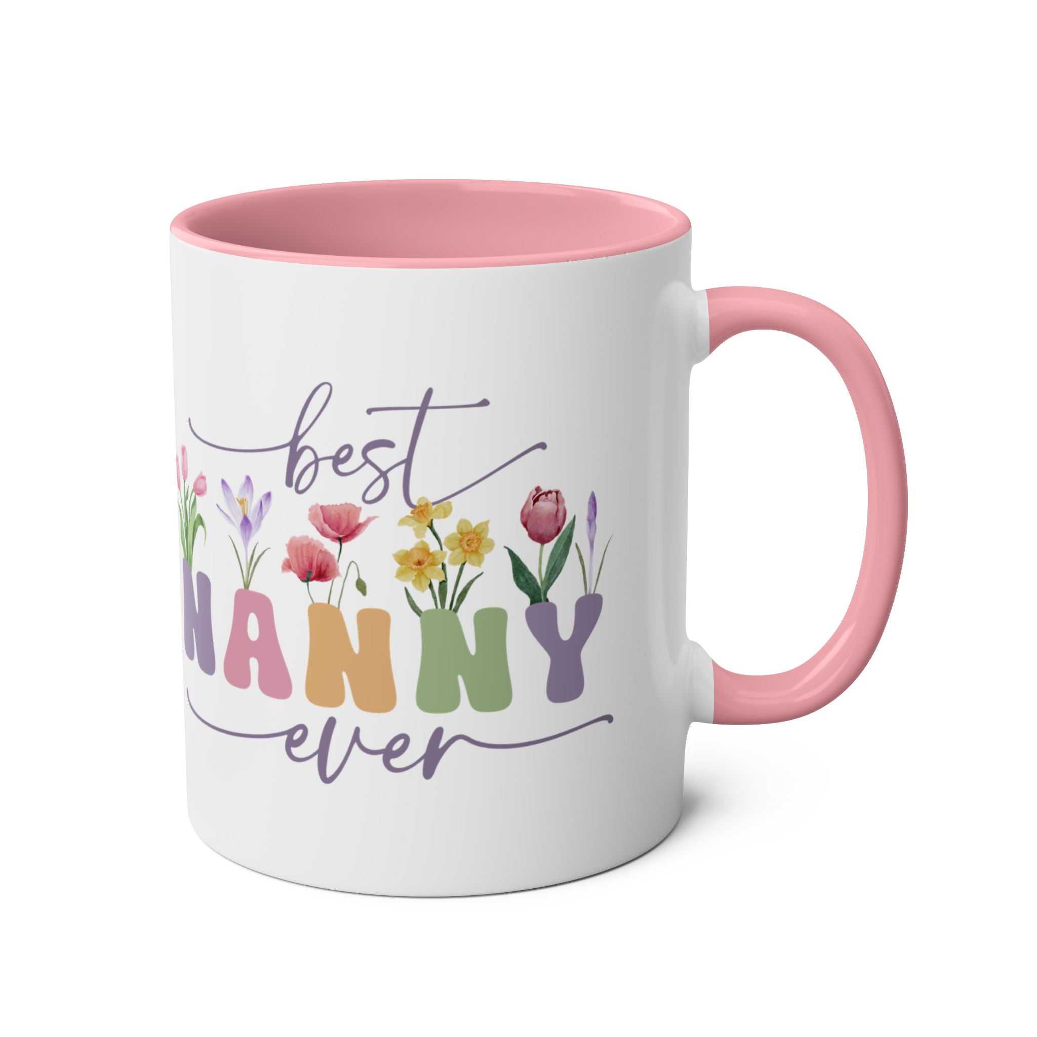 Best Nanny Ever Mother's Day Gift Mug with floral design, pink handle and interior.
