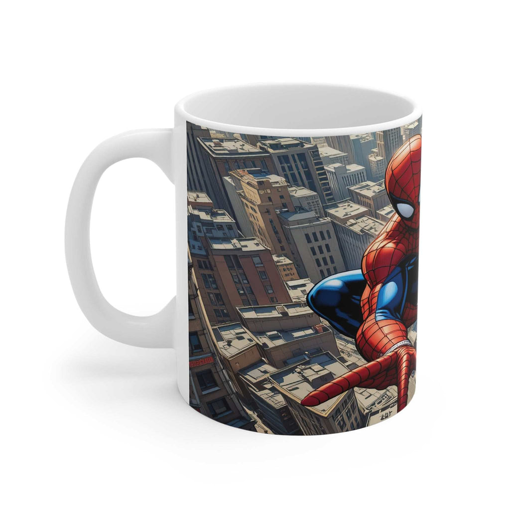 White ceramic mug featuring vibrant Spider-Man superhero comic design swinging over cityscape, 11oz, glossy finish, microwave and dishwasher safe.