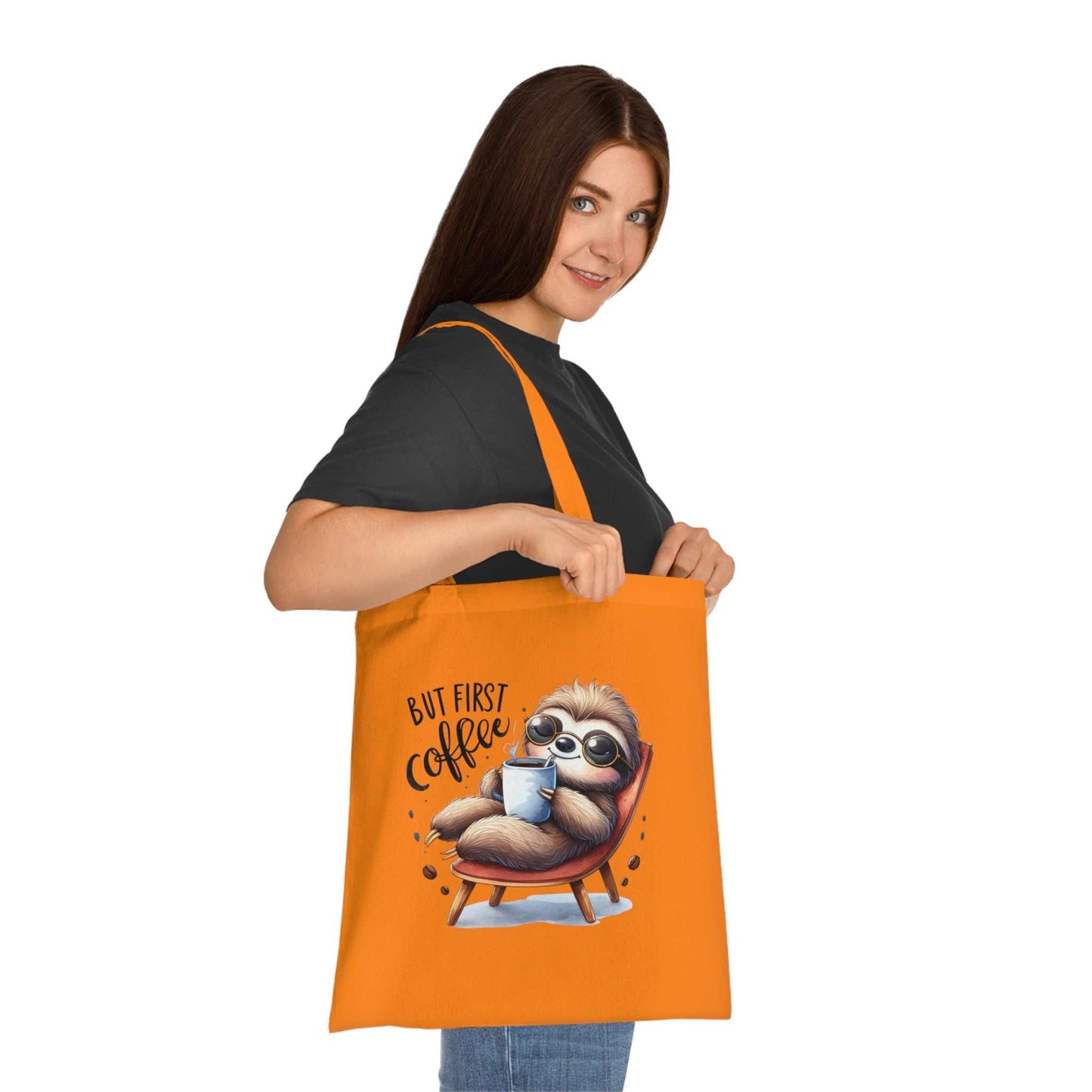 Cotton tote bag with cute sloth design, vibrant colors, durable 100% cotton fabric.