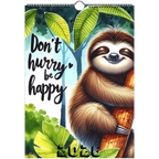 Adorable Sloth Wall Calendar 2026 with cheerful sloth hugging a tree and "Don't hurry be happy" text