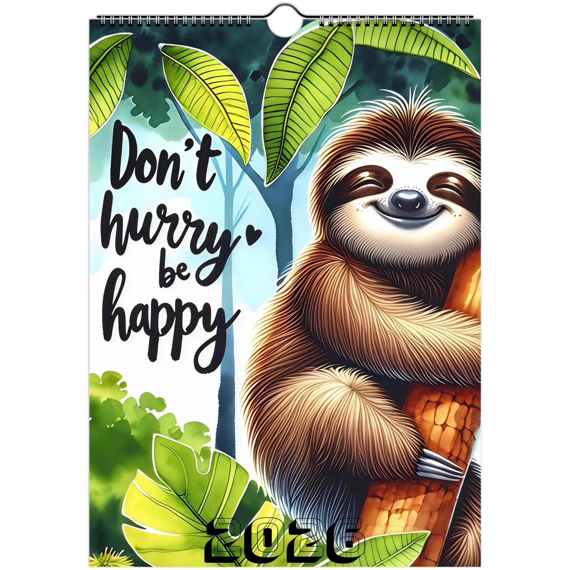Adorable Sloth Wall Calendar 2026 with cheerful sloth hugging a tree and "Don't hurry be happy" text
