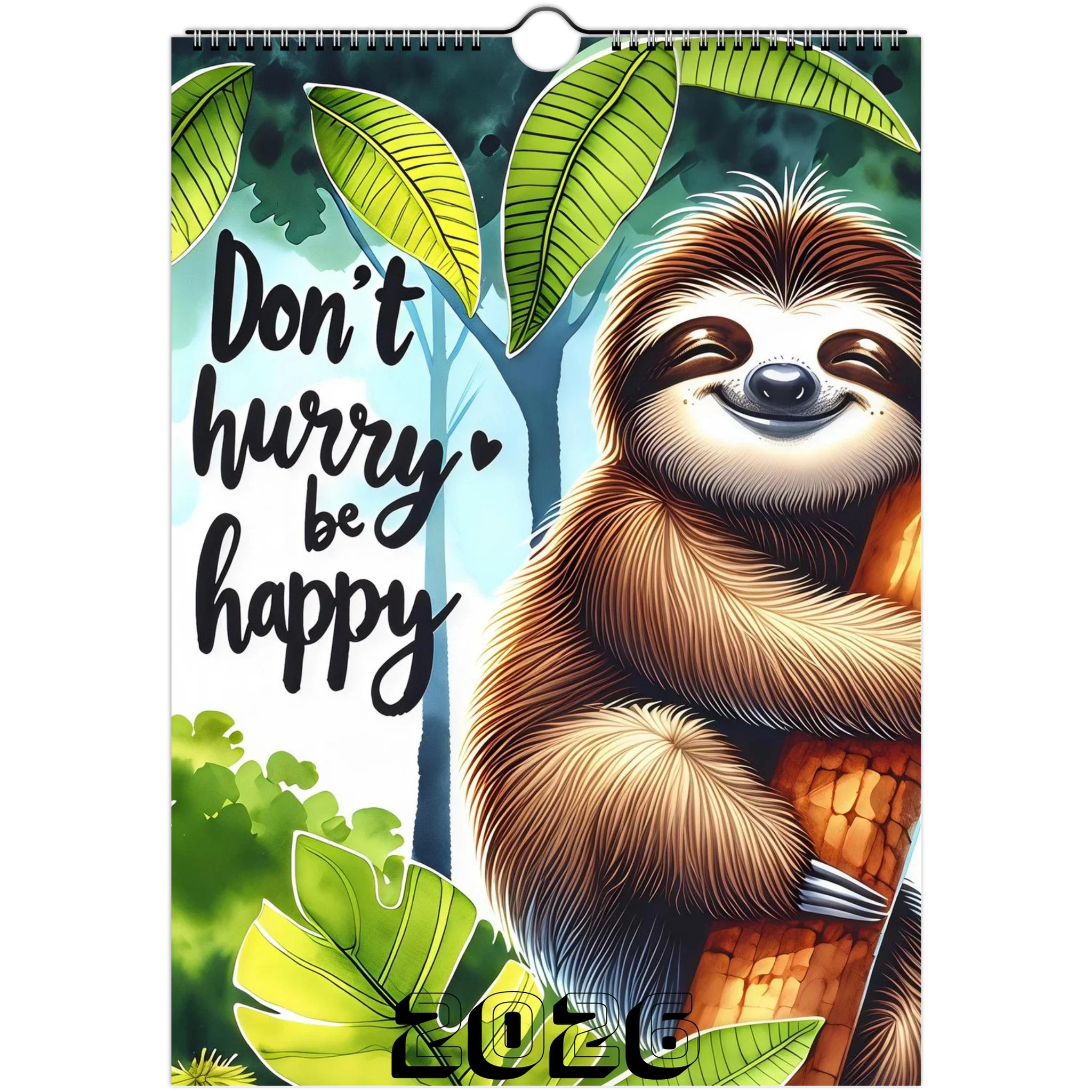 Adorable Sloth Wall Calendar 2026 with cheerful sloth hugging a tree and "Don't hurry be happy" text