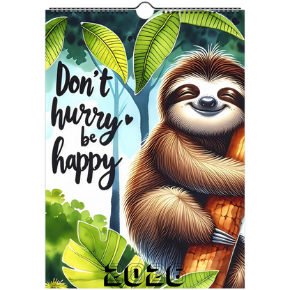 Adorable Sloth Wall Calendar 2026 with cheerful sloth hugging a tree and "Don't hurry be happy" text