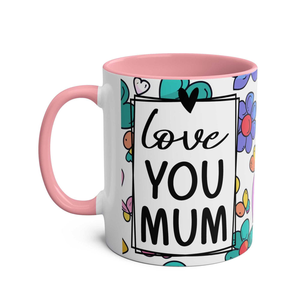 Love You Mum Floral Mug with delicate floral heart design and heartfelt message, glossy ceramic cup for tea or coffee gift