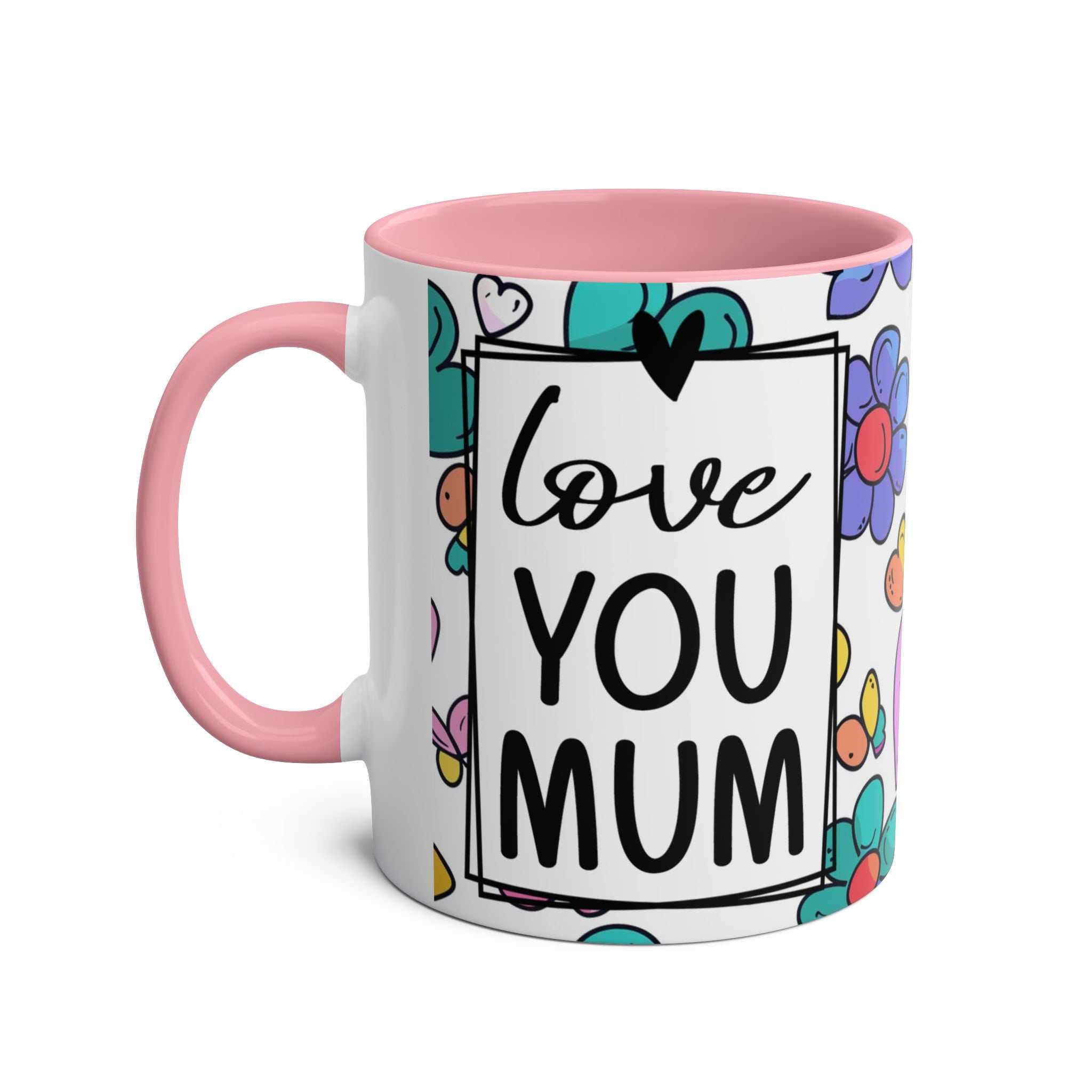 Love You Mum Floral Mug with delicate floral heart design and heartfelt message, glossy ceramic cup for tea or coffee gift