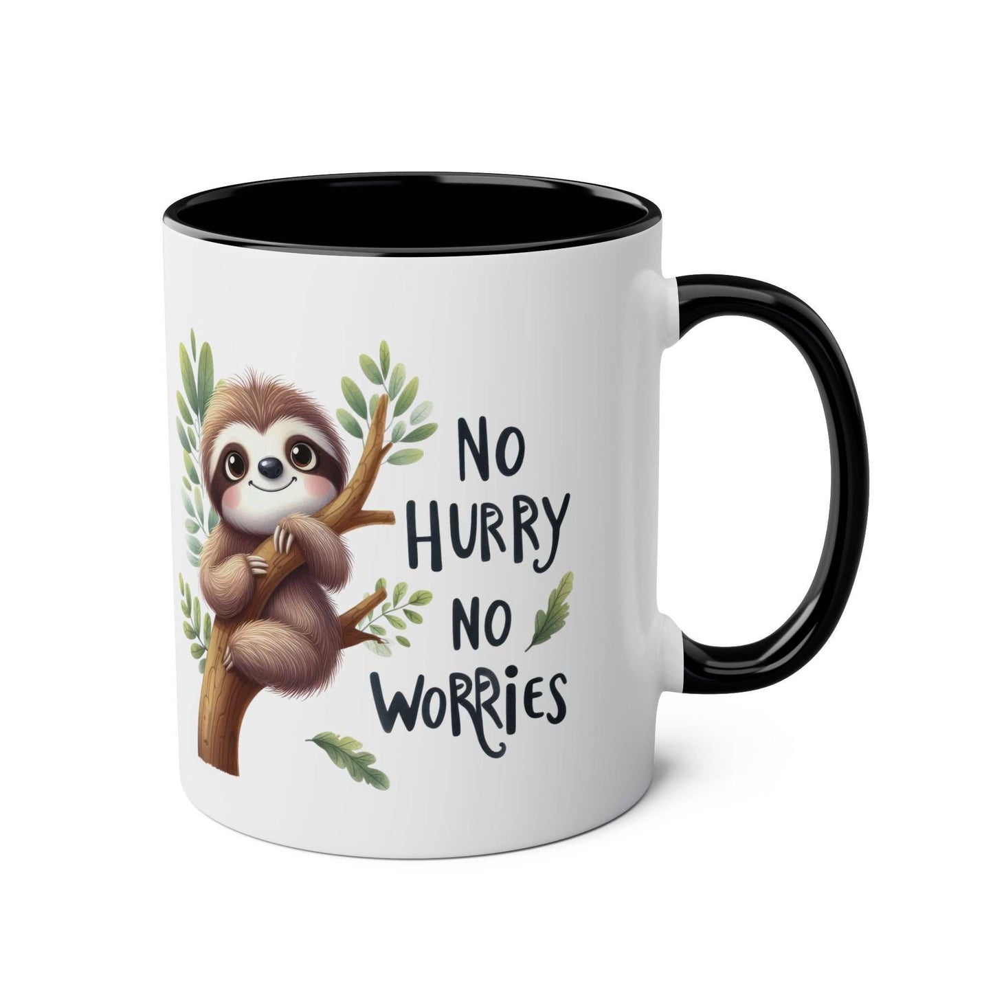 Cute sloth coffee mug with "No Hurry No Worries" text, whimsical design.