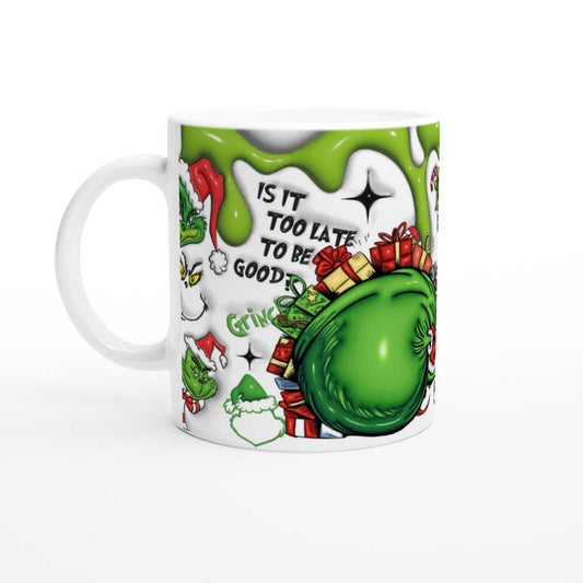 Fun Grinch Christmas Mug with festive design and holiday cheer.