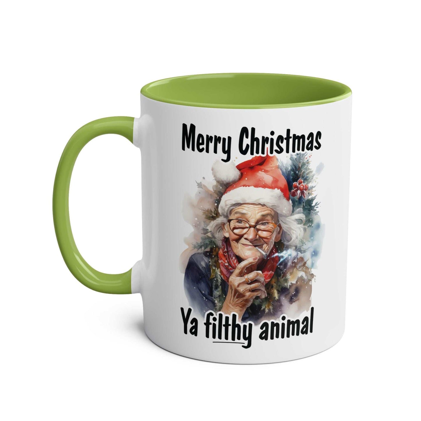 Sweary Granny Christmas Mug with festive design and humorous text, green handle, 11oz ceramic, microwave and dishwasher safe.