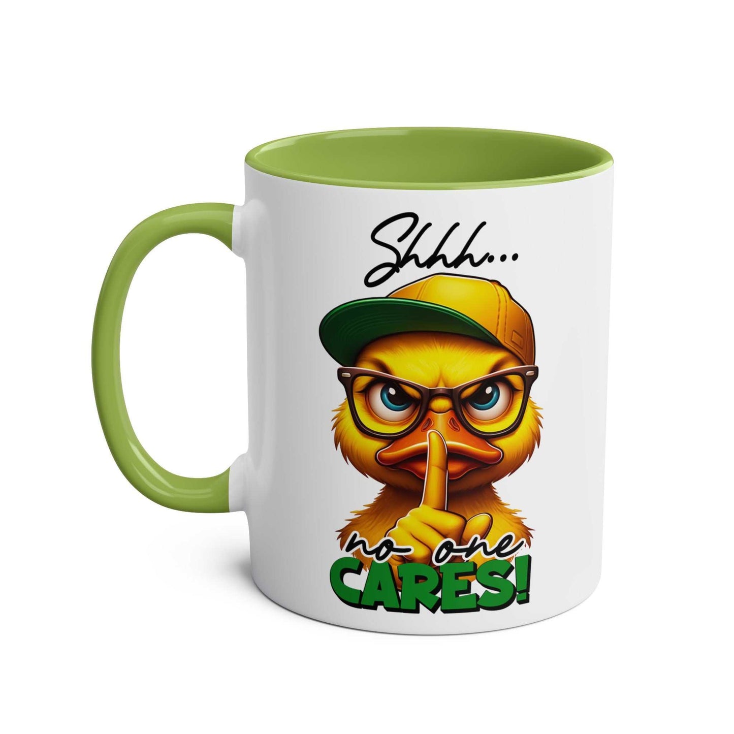 Sarky duck design mug with "Shhh... no one cares" message.