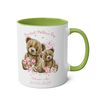 Personalised Our First Mother's Day Gift Mug with teddy bear design, green interior, and custom text.