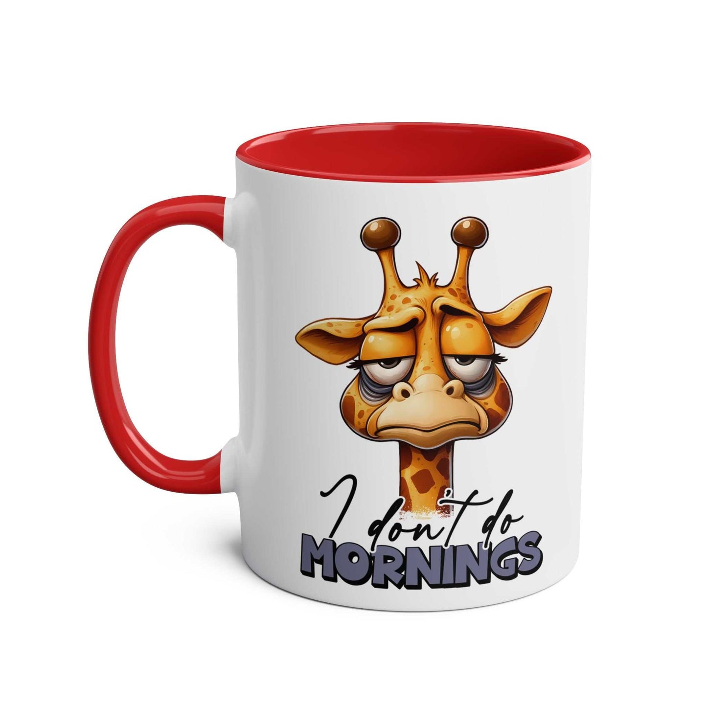 Dont Do Mornings Coffee Mug with playful giraffe design, red handle and interior.