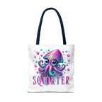 Cheeky Squirter Squid Tote Bag with fun design, durable spun polyester, and multiple handle color options.