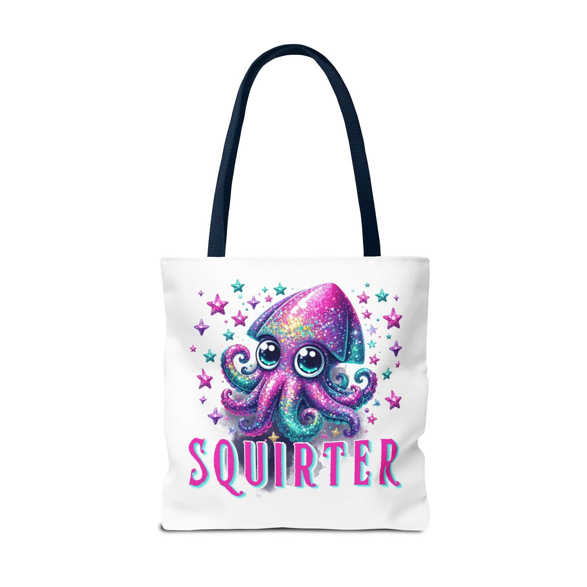 Cheeky Squirter Squid Tote Bag with fun design, durable spun polyester, and multiple handle color options.