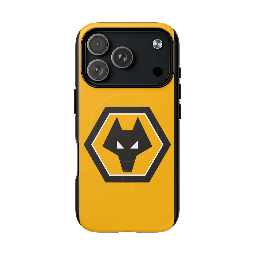 Wolves FC MagSafe iPhone case in gold and black with wolf crest, durable dual-layer protection and MagSafe compatibility