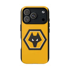 Wolves FC MagSafe iPhone case in gold and black with wolf crest, durable dual-layer protection and MagSafe compatibility