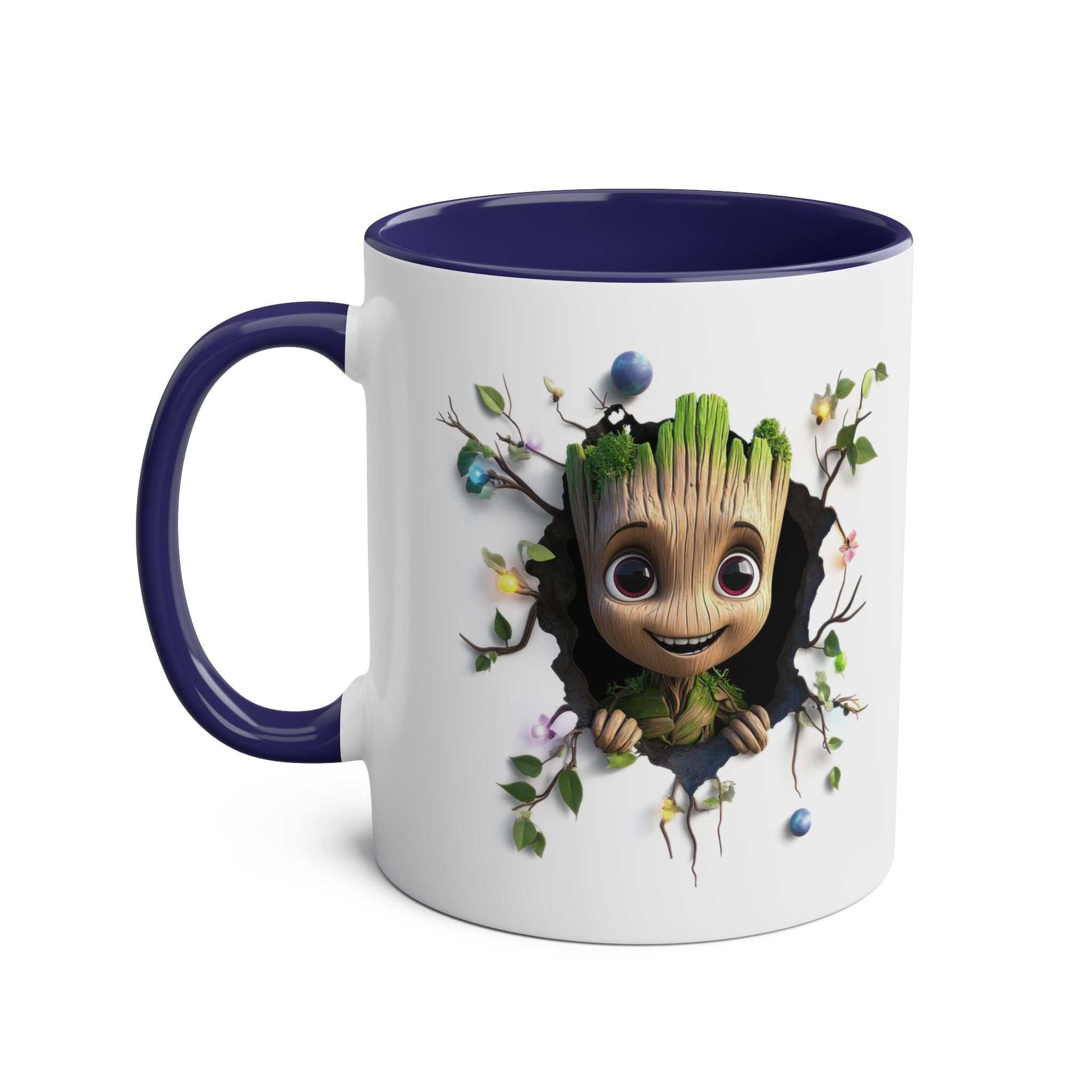Baby Groot themed coffee mug with playful design, available in 7 colors, ceramic, 11oz, glossy finish.